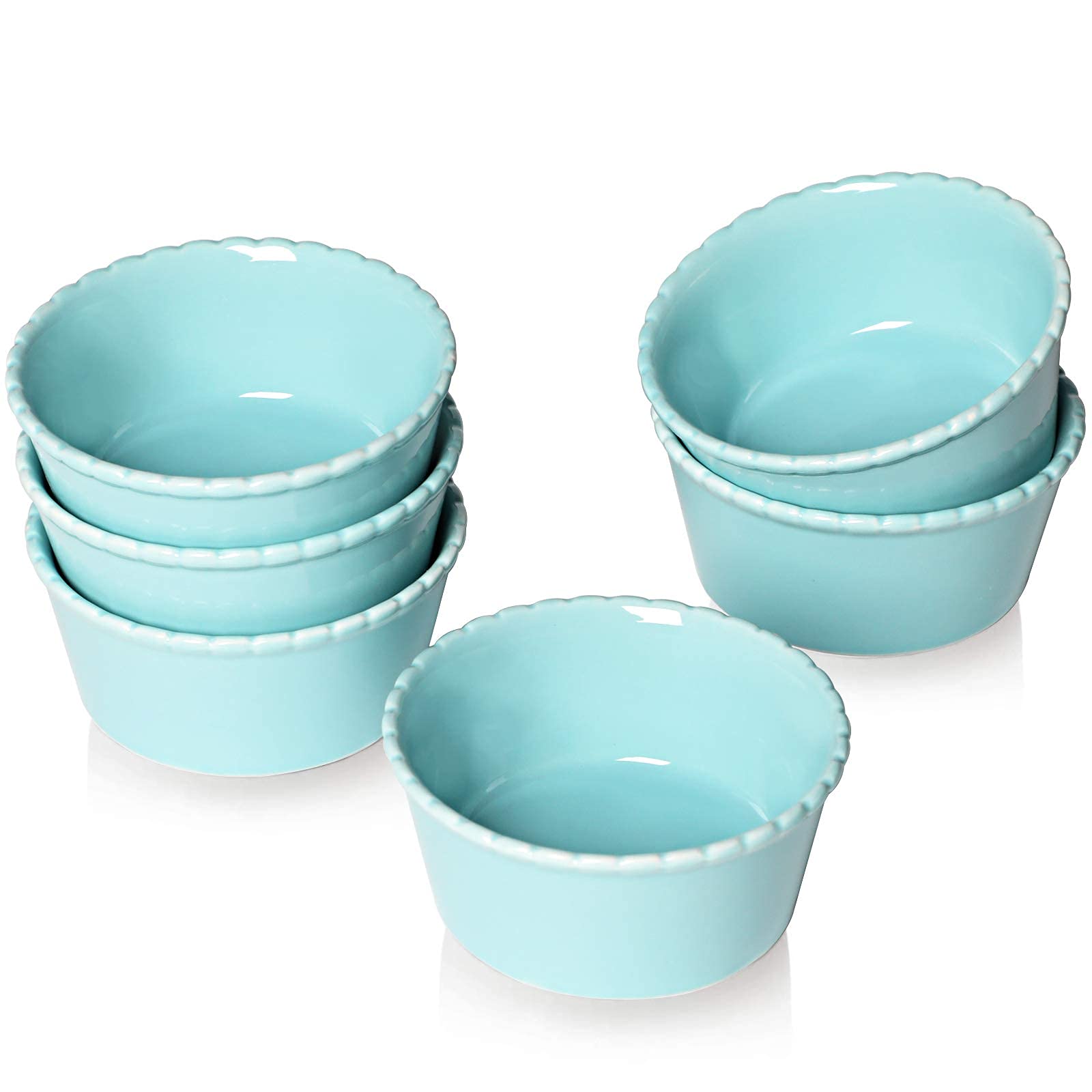 ONTUBECeramic Souffle Dishes Set of 6, Porcelain Ramekins Bakeware Set for Ramekin, 4oz (Blue)