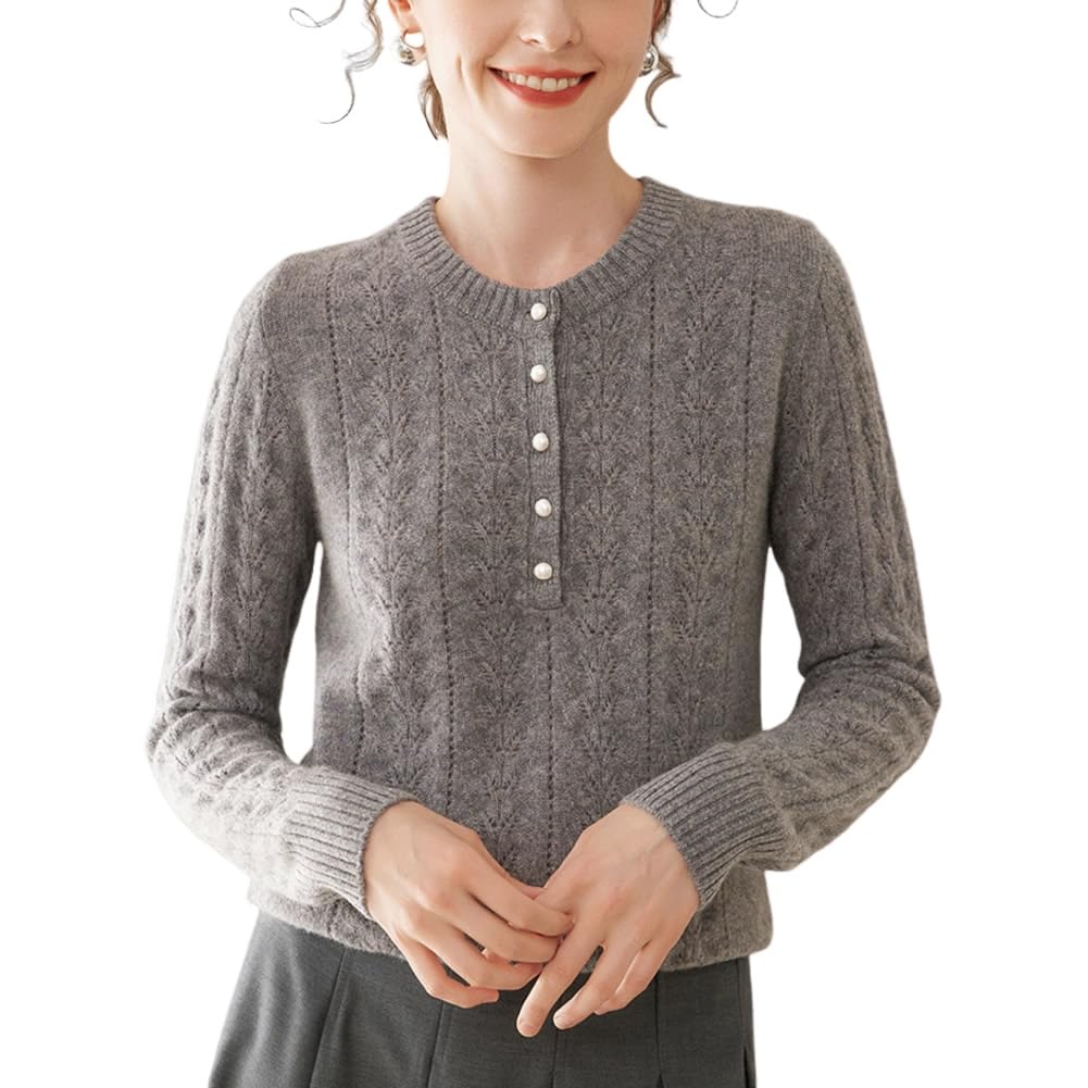 E-girl Maglione da donna 95% cashmere, girocollo, a maniche lunghe, lavorato a maglia, da donna, in lana di cashmere, con crepe, rilassato, SH522