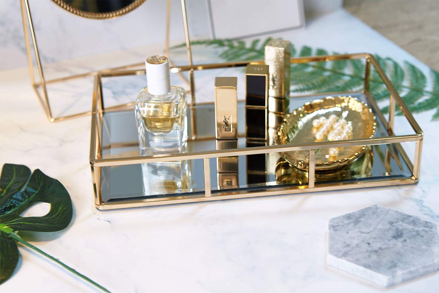 PuTwo Tray Mirror, Gold Mirror Tray Perfume Tray Mirror Vanity Tray