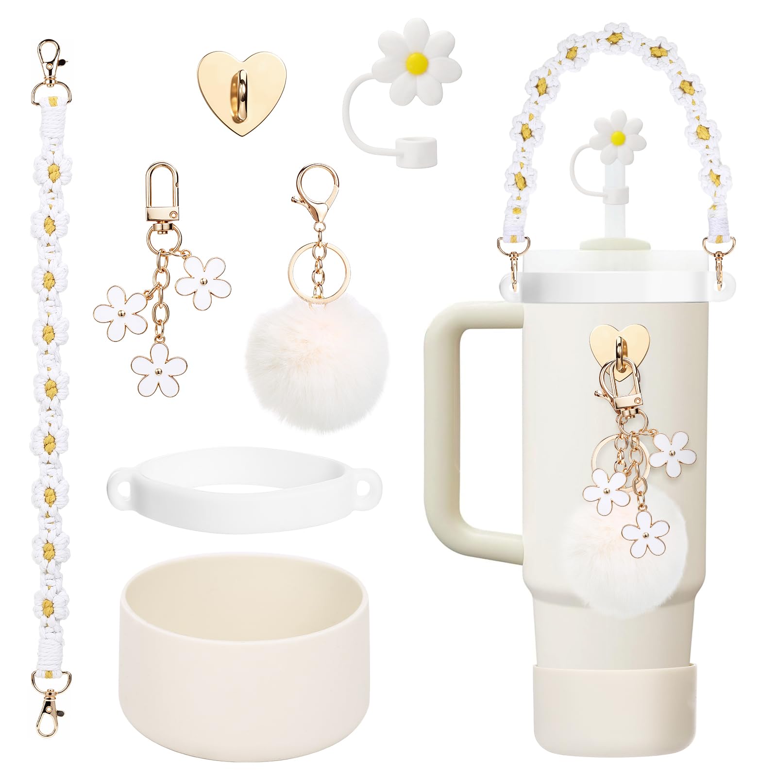 LIHAO 7pcs Accessories Set for Stanley 40oz & 30oz - Boot, Water Bottle Handle Strap, Silicone Straw Cover, Charms-White