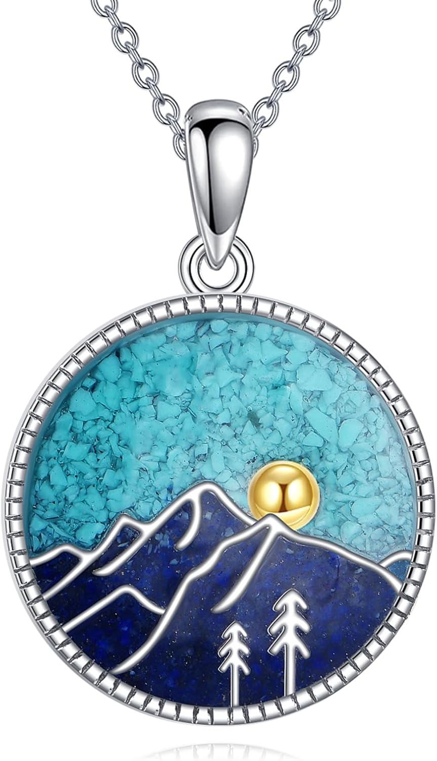 Mountain Necklace for Women 925 Sterling Silver Mountain Pendant Turquoise Sandstone Abalone Jewelry Gift for Skiers, Hikers, Campers, Climbers, and Nature Lovers
