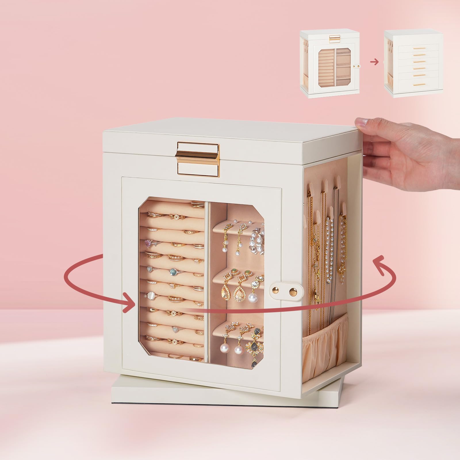 HOOBRO Caja Joyero Giratorio 360°, Caja de Joyas, Organizador de Accesorios con 6 Cajones y Vitrina de Vidrio, Expositor para Collares, Anillos, Pendientes, Pulseras, Blanco y Dorado EWT16JB04