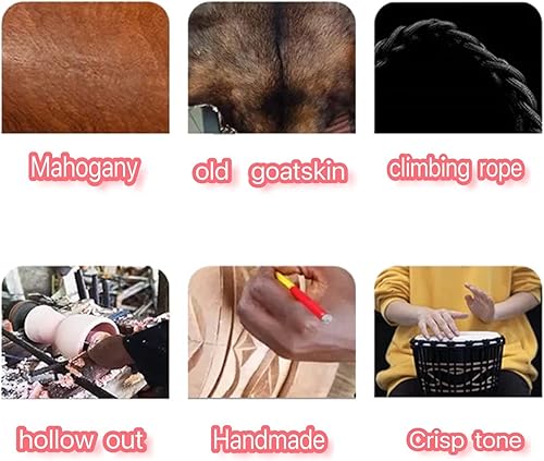 Miniatura 6 de BORIYAM - Tambor Djembe profesionalmente tallado a mano, cabeza de tambor de piel de cabra, pandereta estilo africano occidental, bongo, percusión