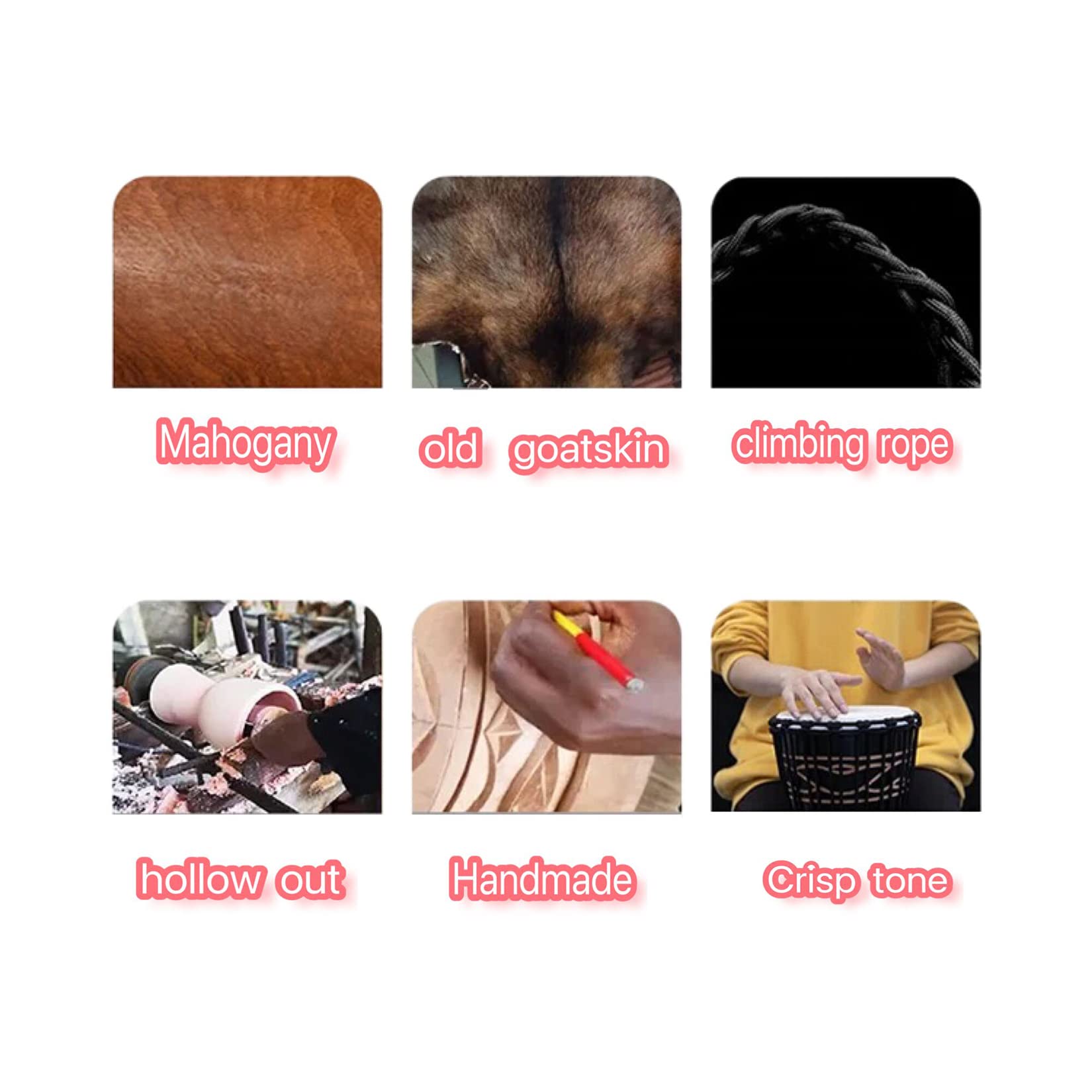 BORIYAM Djembe Drum Professionally Hand Carved, Goatskin Drum Head, From West African Style Tambourine, Bongo, Percussion (Red Elephant)