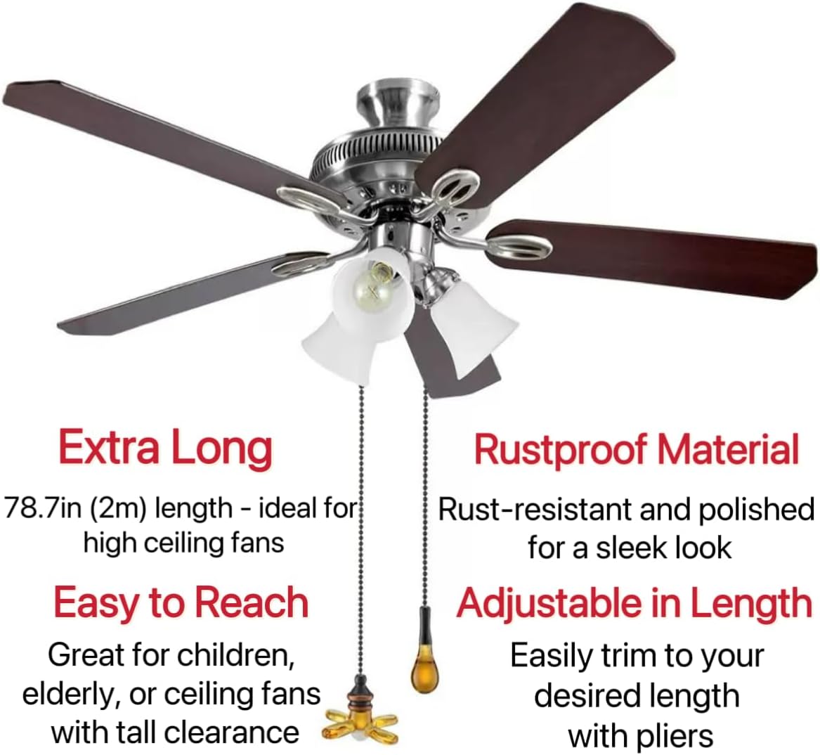 IFNOW Ceiling Fan Pull Chain Metal Fan Pull Chain Extension, Ceiling Fan Chain Connector, Diameter 3.2mm 13 Feet Long with 16 PCS Connectors (6.5 Feet Pure Black*2)
