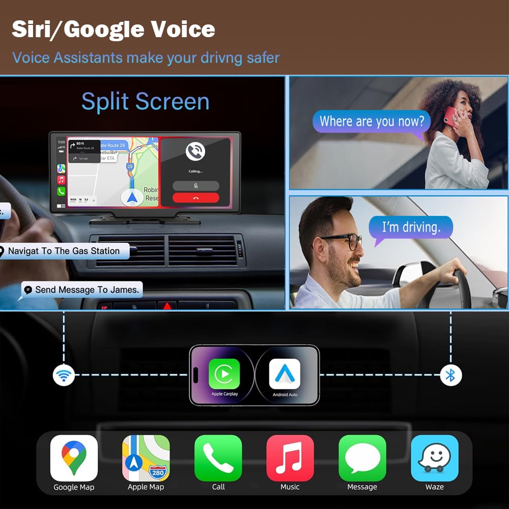 10.26" Wireless Carplay Screen 360 Rotation 4K Dash Cam Carplay & Android Auto Car Stereo Car Audio Receivers with 1080p Backup Camera GPS Navigation/Mirror Link/Voice Control/Siri - 4