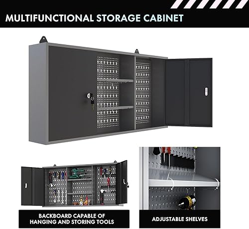 Miniatura 5 de JZD Armario de almacenamiento de pared de metal con 2 puertas con cerradura, para oficina en casa, garaje, sótano, negro y gris, 47.2 x 7.9 x 23.6