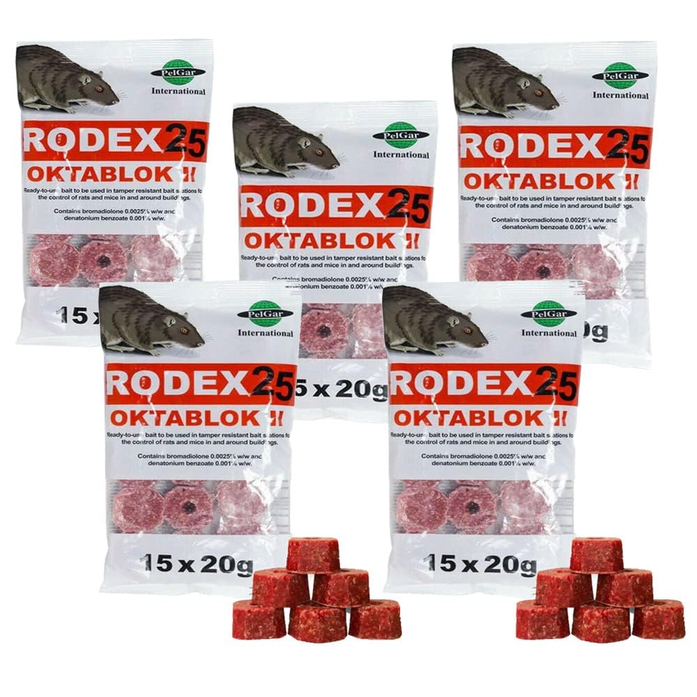 Rat Poisoning Blocks Wax Block Bait Mouse Bait Block Single Feed Rodent Killer Block Max Strength Fast Acting All Weather Bait Block Pack of 5x300g (Rodex Oktablock-ll - 1.5Kg).