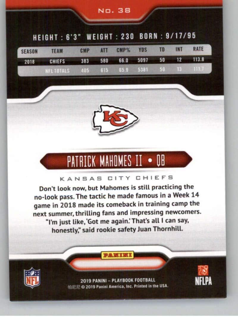 2019 Playbook Football #38 Patrick Mahomes II Kansas City Chiefs Official NFL Trading Card From Panini America