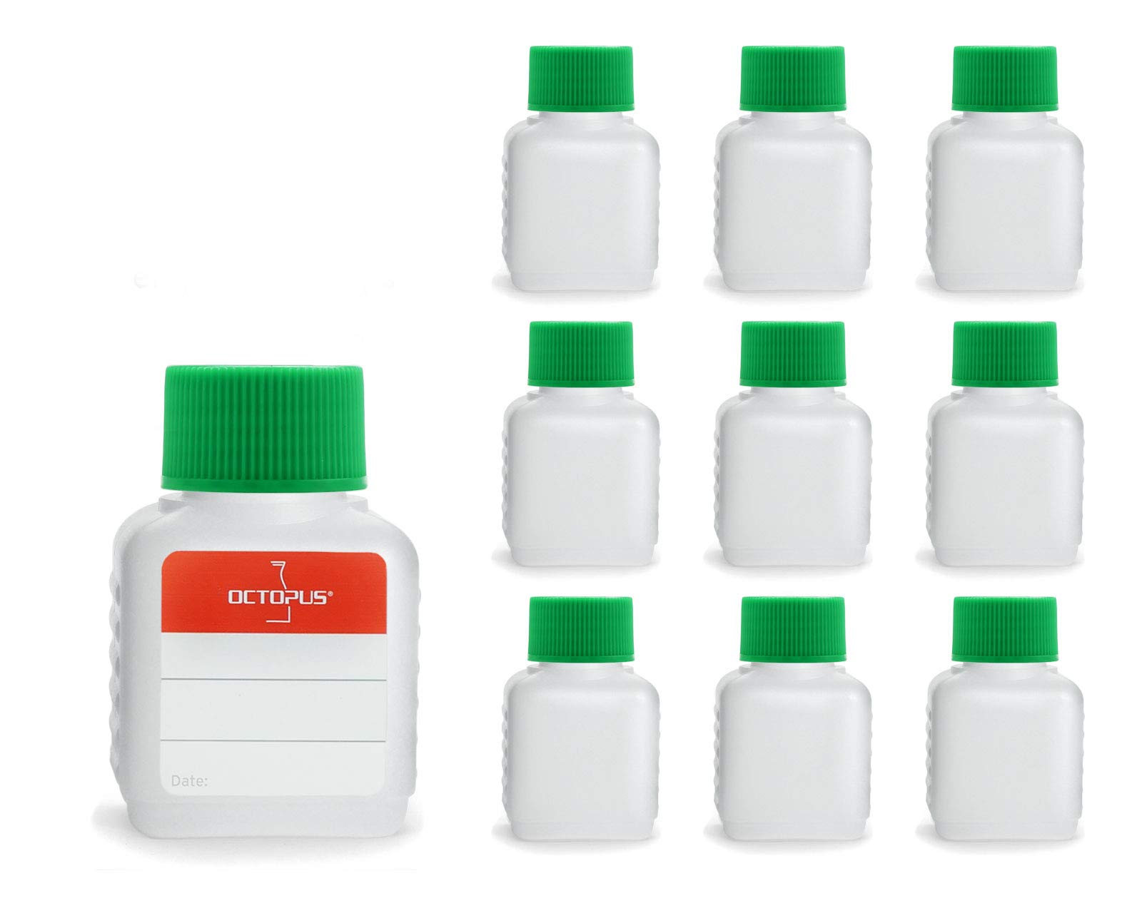 Octopus Green 10 X 50 Ml Plastic Bottles, Hdpe Plastic Bottles With Screw Caps, Empty Bottles With Screw Caps, Square Bottles Incl. 10 Labels