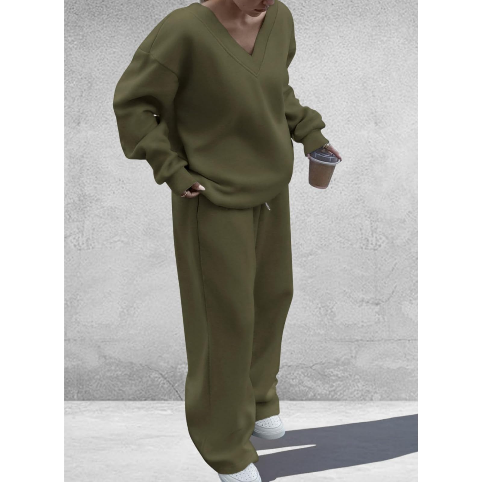 Ensemble deux pièces pour femme sweat-shirt à col V pantalon à jambes large