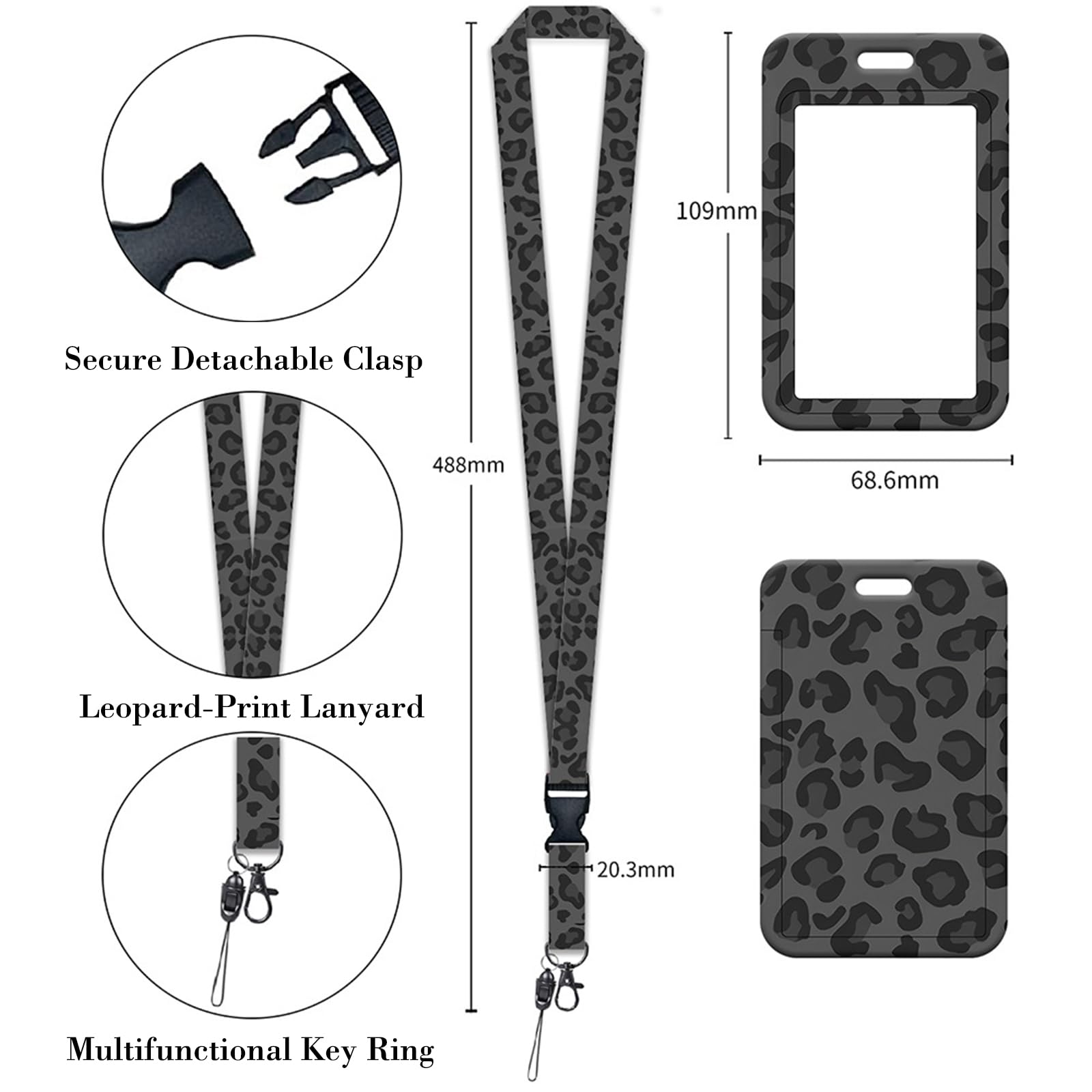 Porta Badge Retrattile Leopardato con Clip e Cordino Staccabile, Badge Holder per Impiegati, Medici, Infermieri, Insegnanti, Grigio