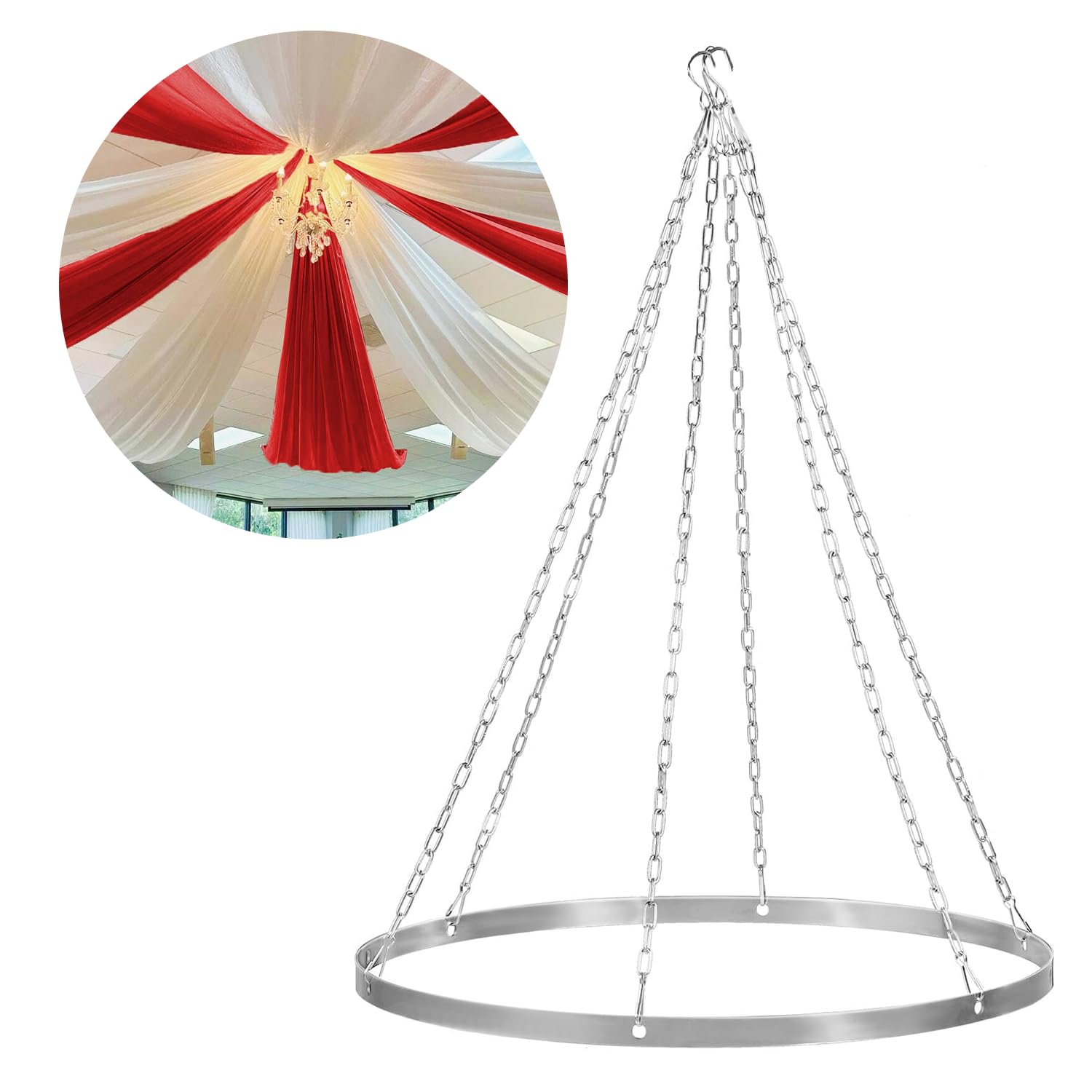 MODFUNS Ceiling Drape Hanging Kit 24 Inch Silver Ceiling Hoop Draping Kit Metal Ceiling Hoop Ring for 6 Panels Wedding Drapes Vintage Round Hardware Kit Wedding Party Canopy Ceiling Decor