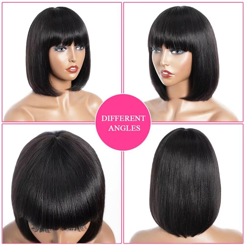 Human Hair Bob Wig 10 inch Short Straight Wigs for Black Women150% Density Short Bob Wigs With Bangs None Lace Front Wig Glueless Brazilian Hair Straight Natural Color - Image 2