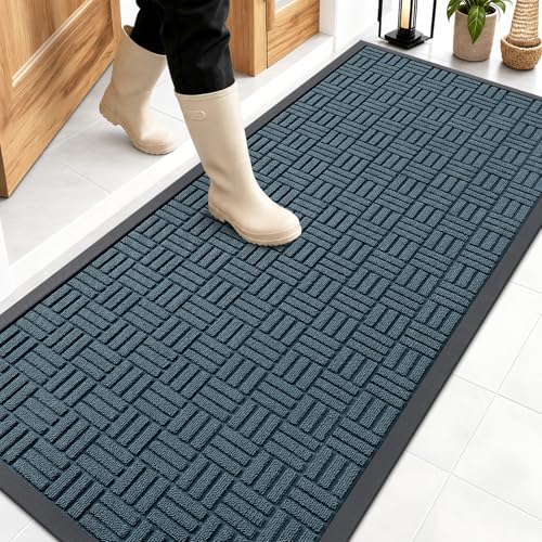 Image of OLANLY Front Door Mat Outside Entrance 59x23, Absorbent, Heavy Duty Sturdy Natural Rubber Doormat Indoor Outdoor, Non-Slip, Stain and Fade Resistant, Low Profile Floor Mat for Entryway, Lake Blue