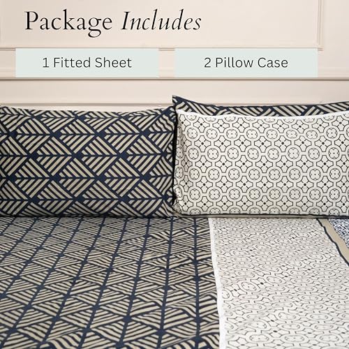 Image of Amazon Brand - Umi Cotton Fitted Bedsheet, Queen Size 78x60 Inches, Elastic Fit Bed Sheet, 10 Inch Deep Pocket, Soft Breathable Bedding, Durable Easy Care, with Pillow Cover-Midnight Maze