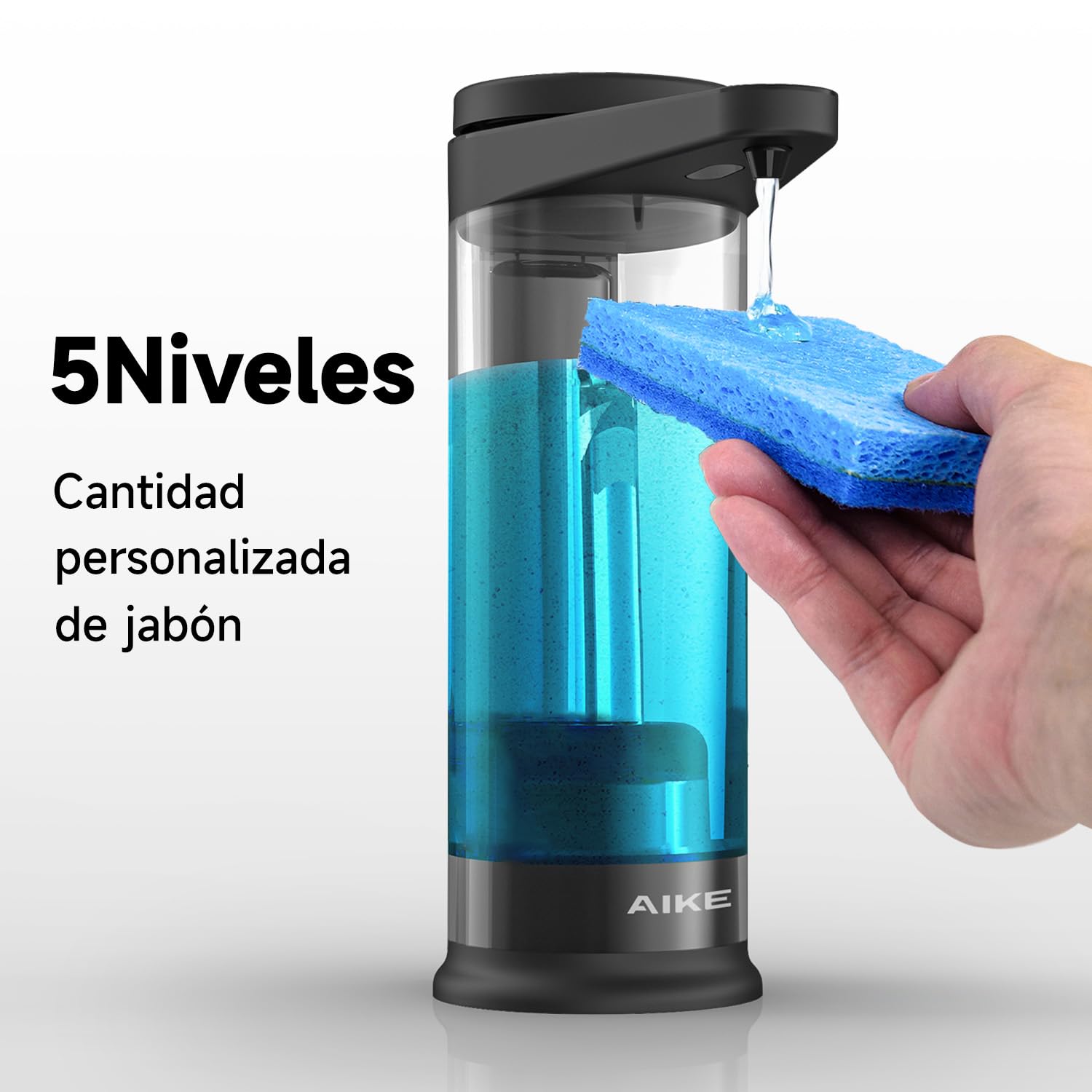 AIKE Dispensador de Jabón Automático 500 ml, Montaje en Pared o Sobremesa, con Salida de Líquido Ajustable, Dispensador de Jabón Recargable por USB Negro