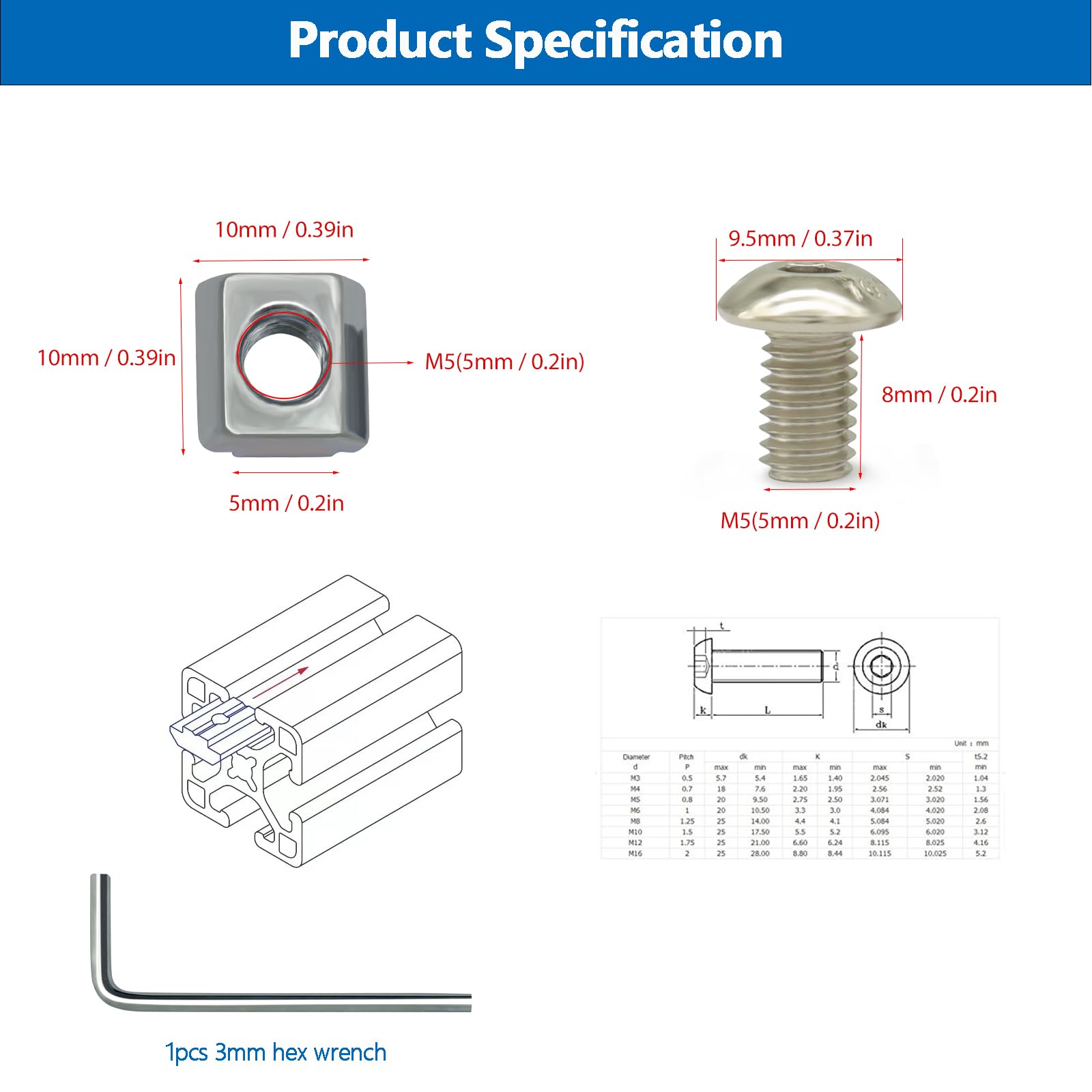 120Pcs 20 Series T Sliding Nuts Hammer Nut Block Square Nuts M5 T Nuts for 20x20 Standard 6mm T-Slot Aluminum Extrusion Profile(120Pcs M5 T Nuts)