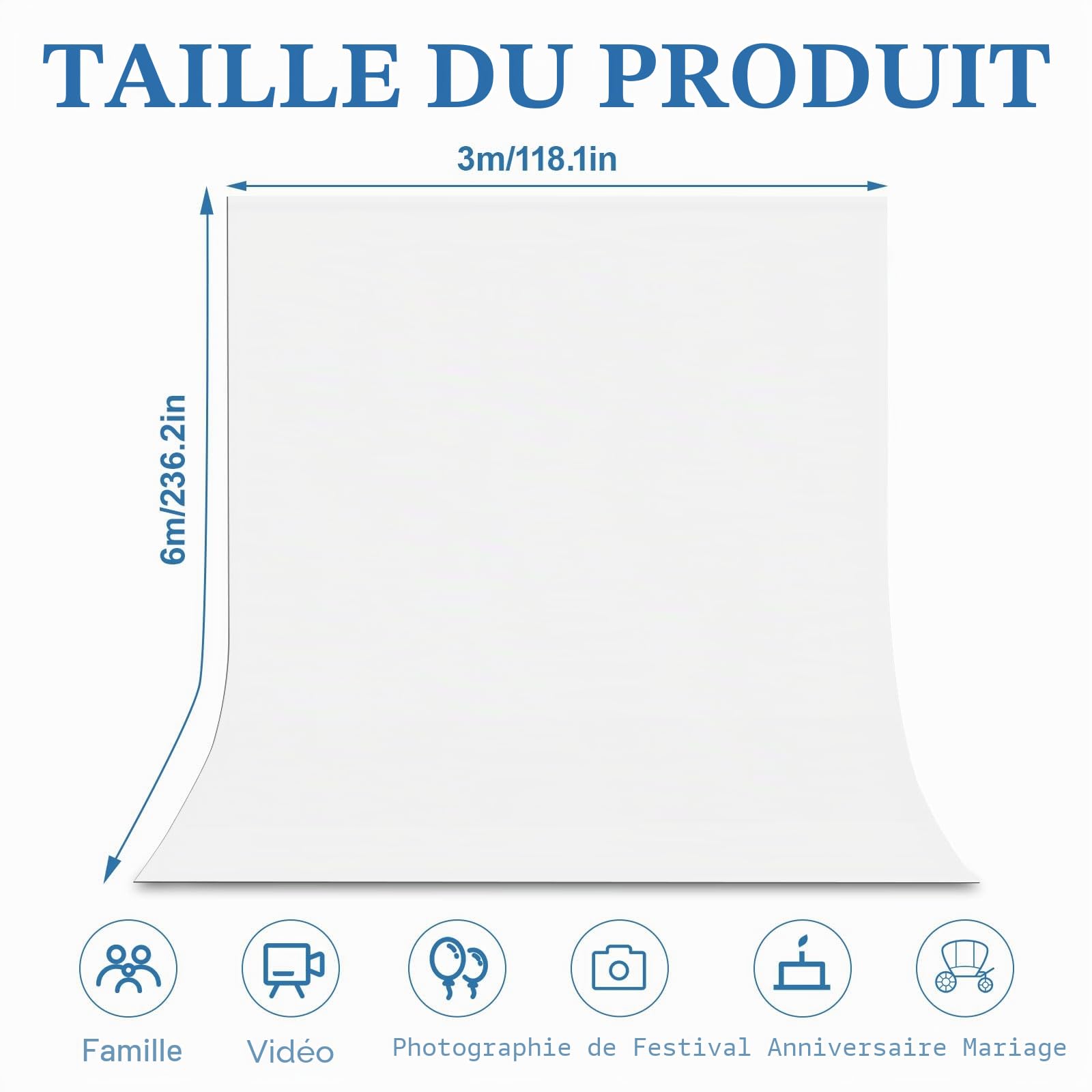 Toile de fond pour photo, blanc, 3 x 6 m, grand fond pliable, en polyester, lavable, pour photographie, vidéo, photographie de mode, mariages, fêtes et anniversaires