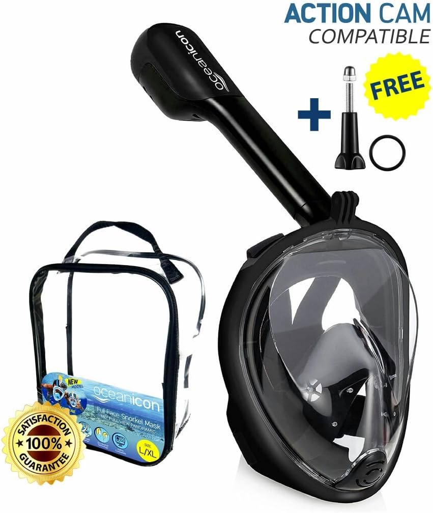 Full Face Snorkel Mask PERFECT VIEW 180° with Flat Lens GOPRO COMPATIBLE and LONG 8.8" TUBE for Snorkeling Scuba Diving 3rd GEN FULL DRY FREE BREATHING