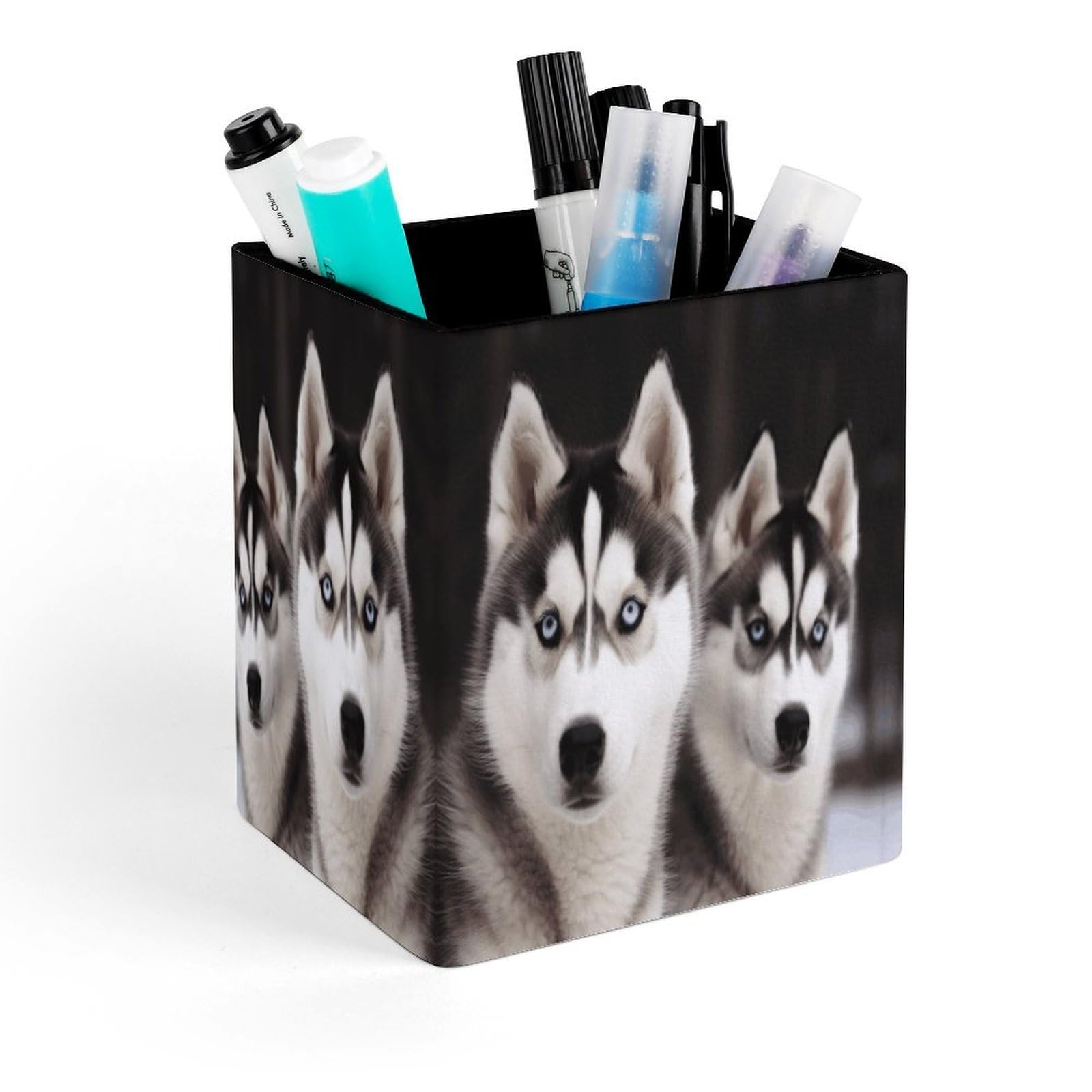 VstaDank Husky Dog Pen Holder Square Pencil Holder Leather Pencil Cup Pen Organizer Makeup Brush Holders Pen Cups Desktop Stationery Organizer for Home Office Desk Organizers
