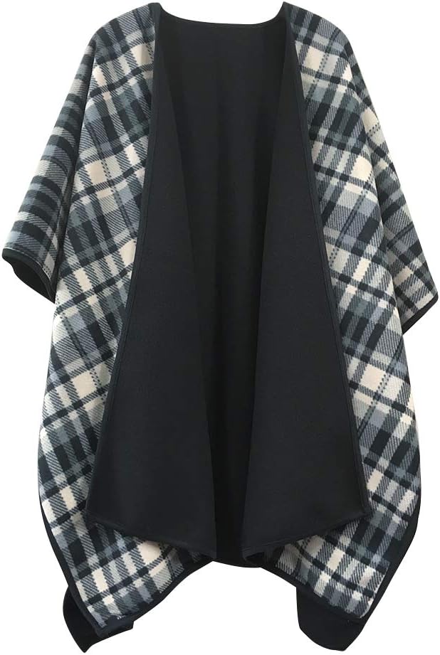 TOPUNER Women's Micro Fleece Ponchos Cape Front Open Reversible Shawl Wrap one Size Black Plaid