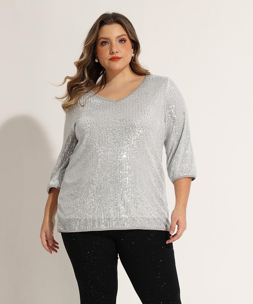 RITERA Plus Size Glitter Tops for Women 3/4 Sleeve Shirts Evening Cocktail V Neck Sequin Blouse Tunic Weddings XL-5XL - Image 3