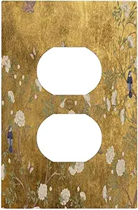 Decorative Outlet Covers Vintage White Flowers Birds on Golden Background 1 Gang Duplex Light Switch Cover Plate Unique Wall Plate Electrical Switch Plate Covers for Bedroom Decor