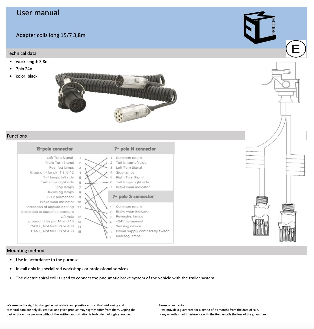 Cable en espiral de 3,8 m, 15 pines a 2 adaptadores de 7 polos de 24 V para camiones NFZ