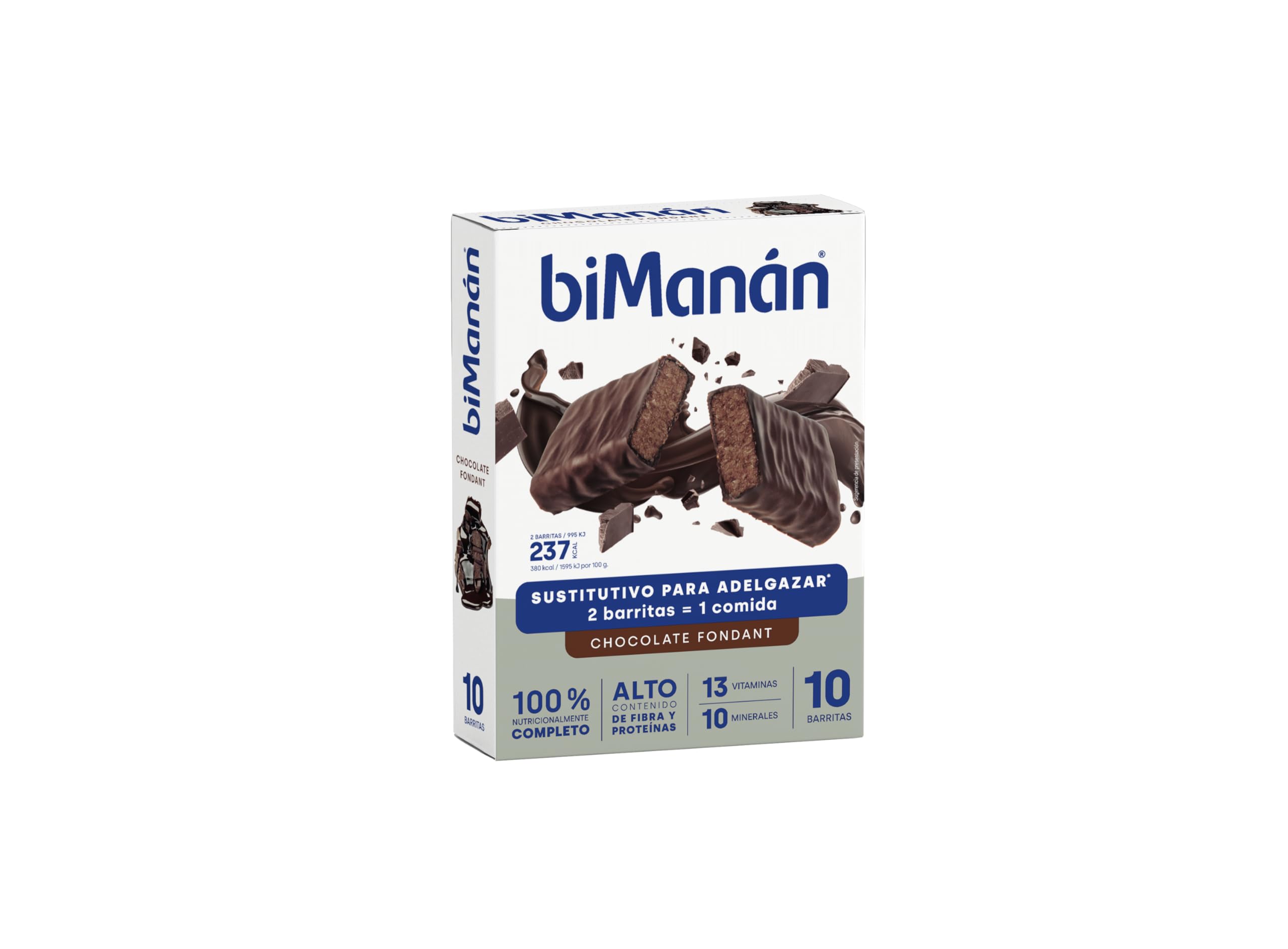 BIMANÁN - Barritas Chocolate Fondant - Sustitutivos de Comida para Adelgazar - 2 Barritas Equivalen a una Comida y Proporcionan 238 Calorías - Ricas en Fibra - Caja de 10 Unidades