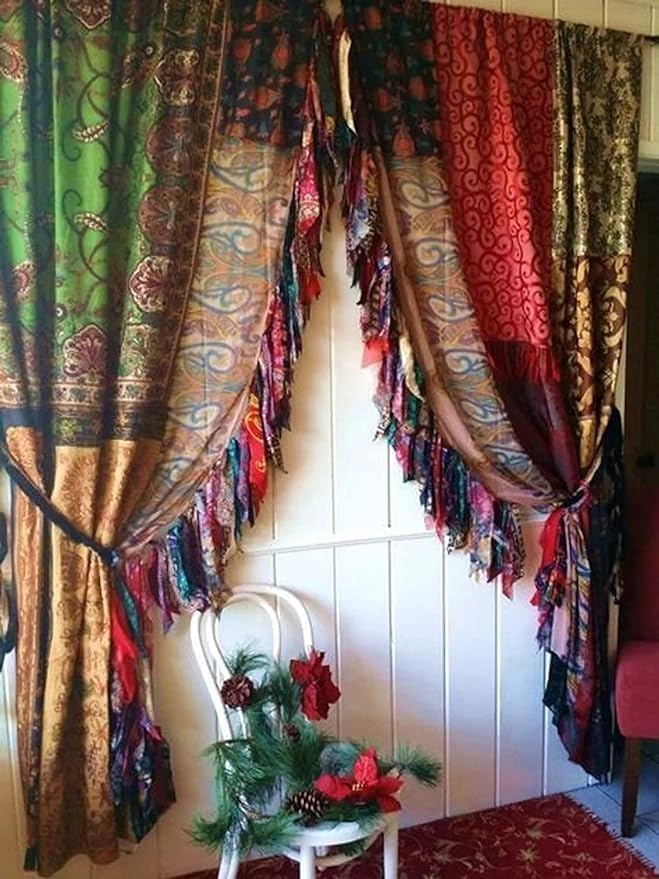 CLEMMY TOUCH 2 PCS of Indian Silk Saree Curtain Window Boho Gypsy Hippy Bohemian Wall Hanging Hippy Room Decor Curtain, Pack of 1
