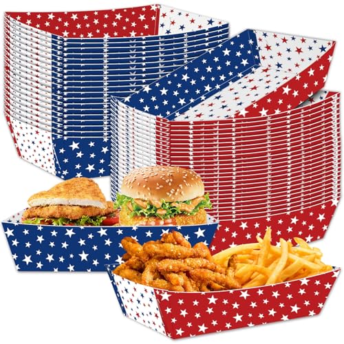 30 Pack Red, White, Blue Star Food Trays, Disposable Paper Serving Containers Boats for Popcorn, Snacks, Food Trucks, 4th of July, Memorial Day, BBQs, Patriotic Parties, Picnics, Summer Party Supplies