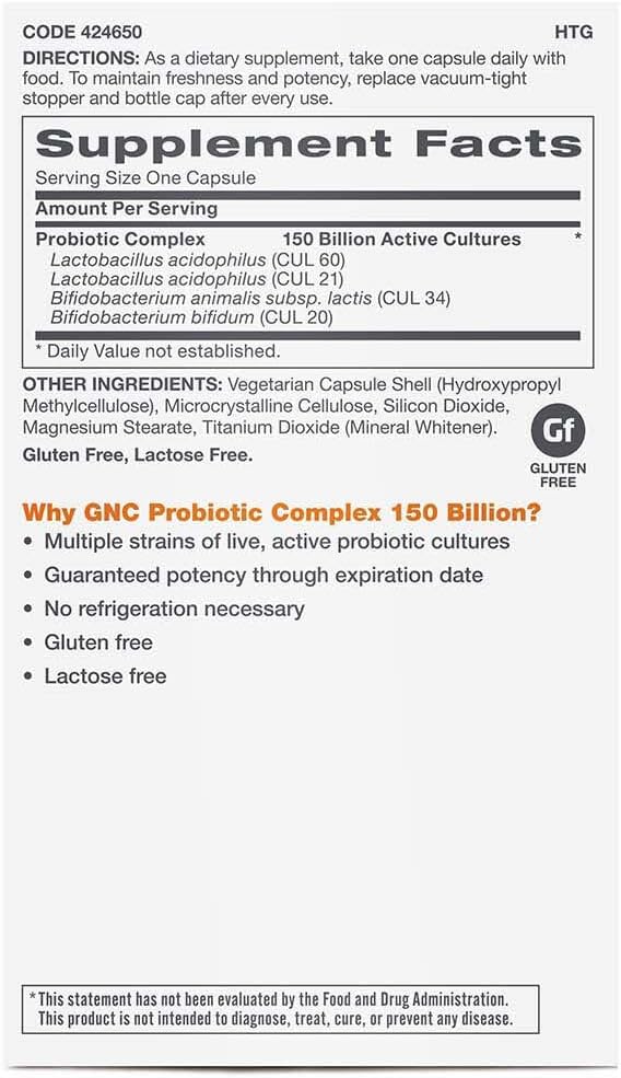 GNC Probiotic Complex Extra Strength with 150 Billion CFUs, 20 Capsules, Daily Probiotic Support