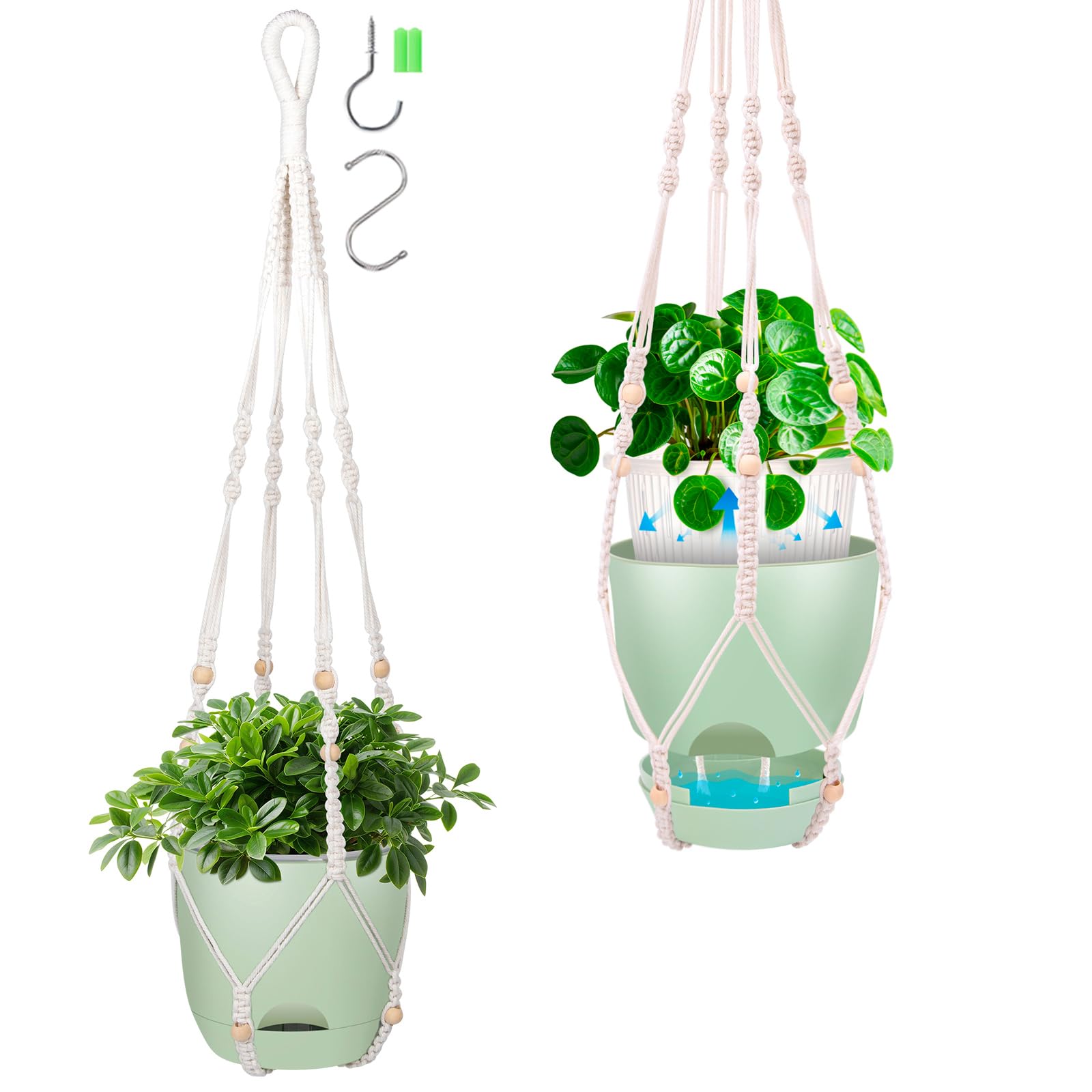 Photo 1 of 2-Pack 5.7-Inch Self-Watering Hanging Planters for Indoor & Outdoor Plants,34Inch Macrame Hanger Plant Pots Indoor with Drainage,Small Hanging Planters & Baskets,With Two Sets of Hooks?Pure green?