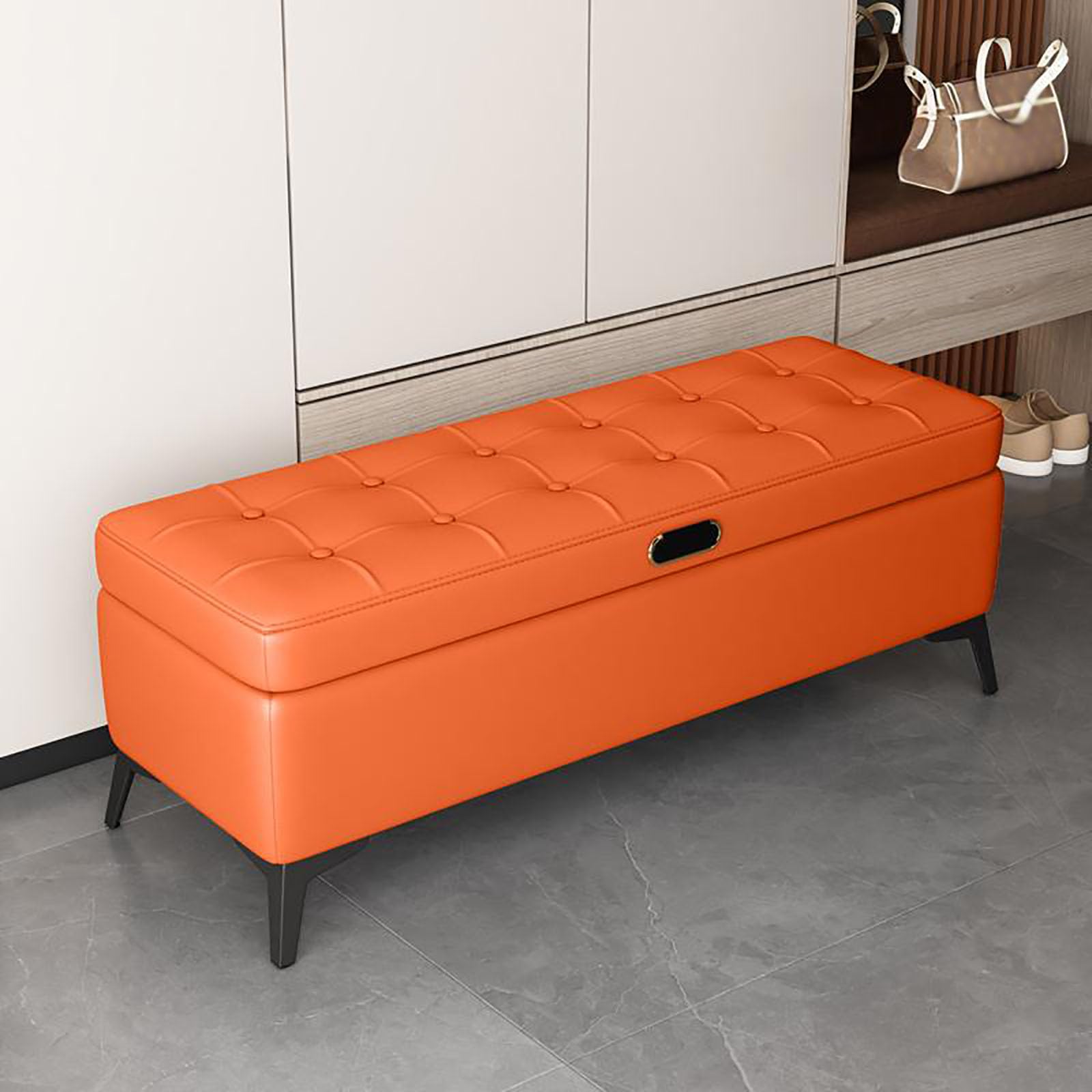 MSHGSKU Modern Upholstered Storage Bench for Bedroom & Hallway Stylish Shoe Rack Ottoman with Wood Frame & Synthetic Leather Foot Rest (50x30x40cm Orange)