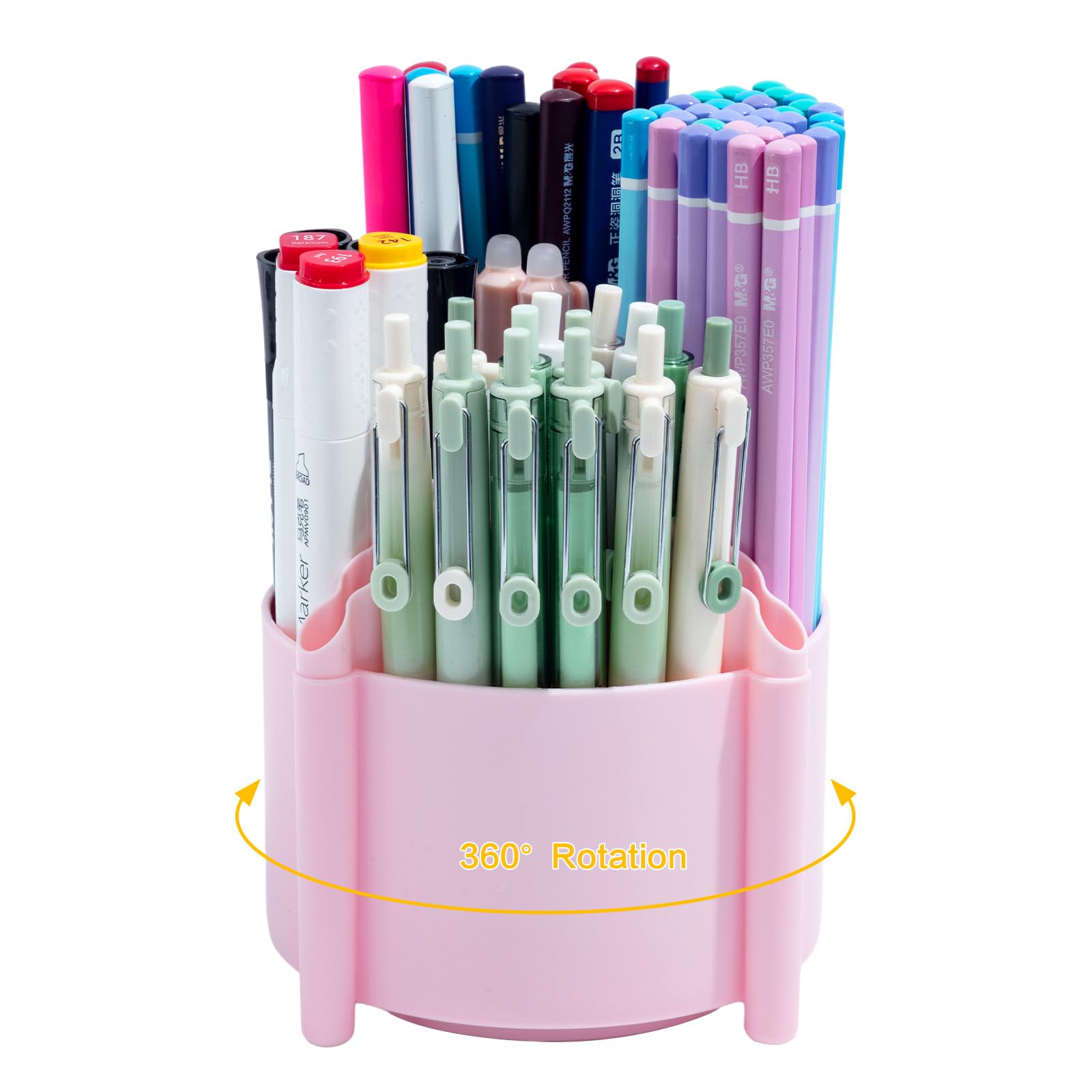 M&G 360 Degree Rotating Desk Organizer, 4 Slot Pencil Holder with Stickers, Multi-Purpose Cute Pen Pencil Cup for Make Up Brush Office School Home (Pink)