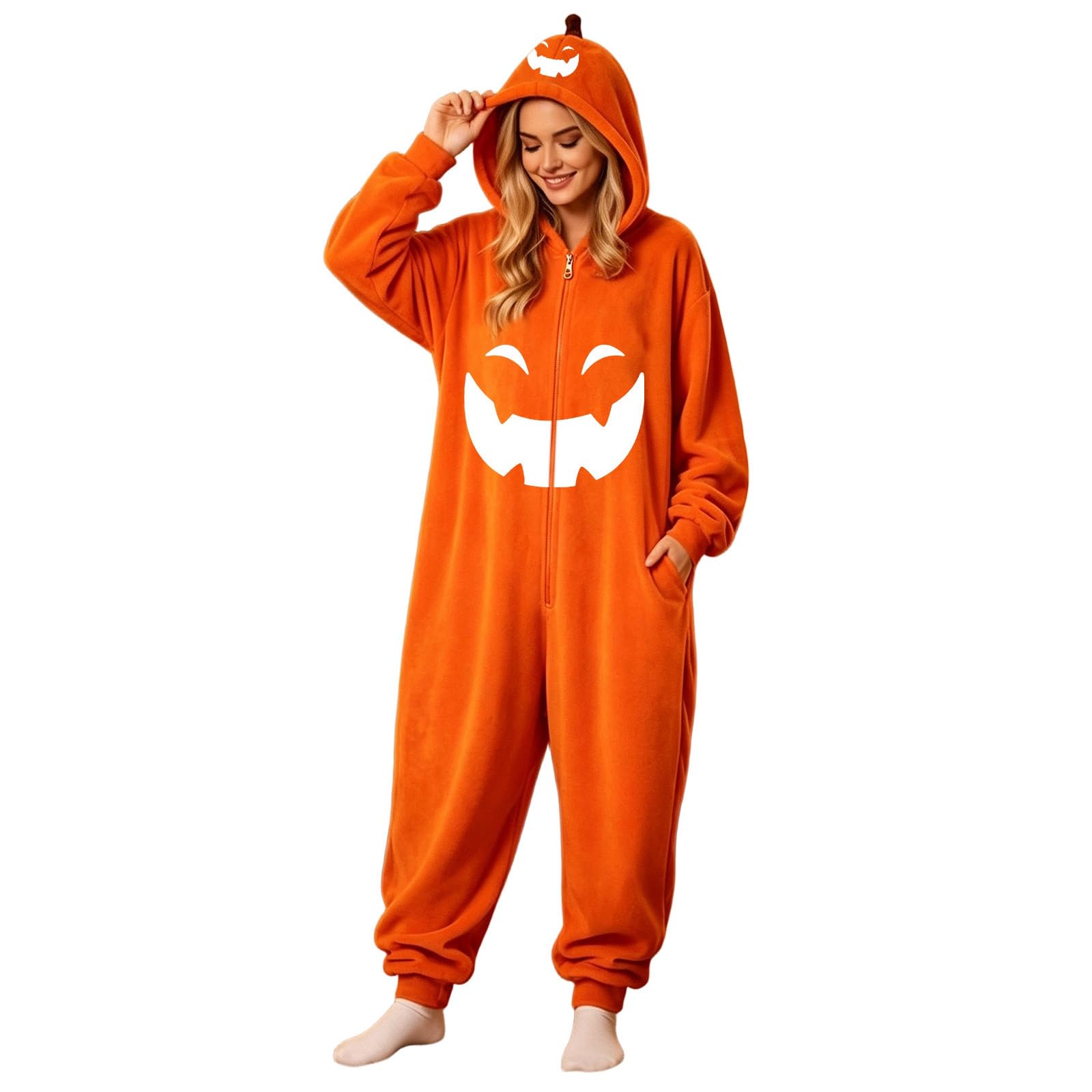 Pigiama Halloween Adulto Tuta Zucca in Flanella con Zip Frontale Chiusura con Zip Frontale, Pigiama Halloween Adulto, Tuta Zucca in Flanella per Casa e Feste