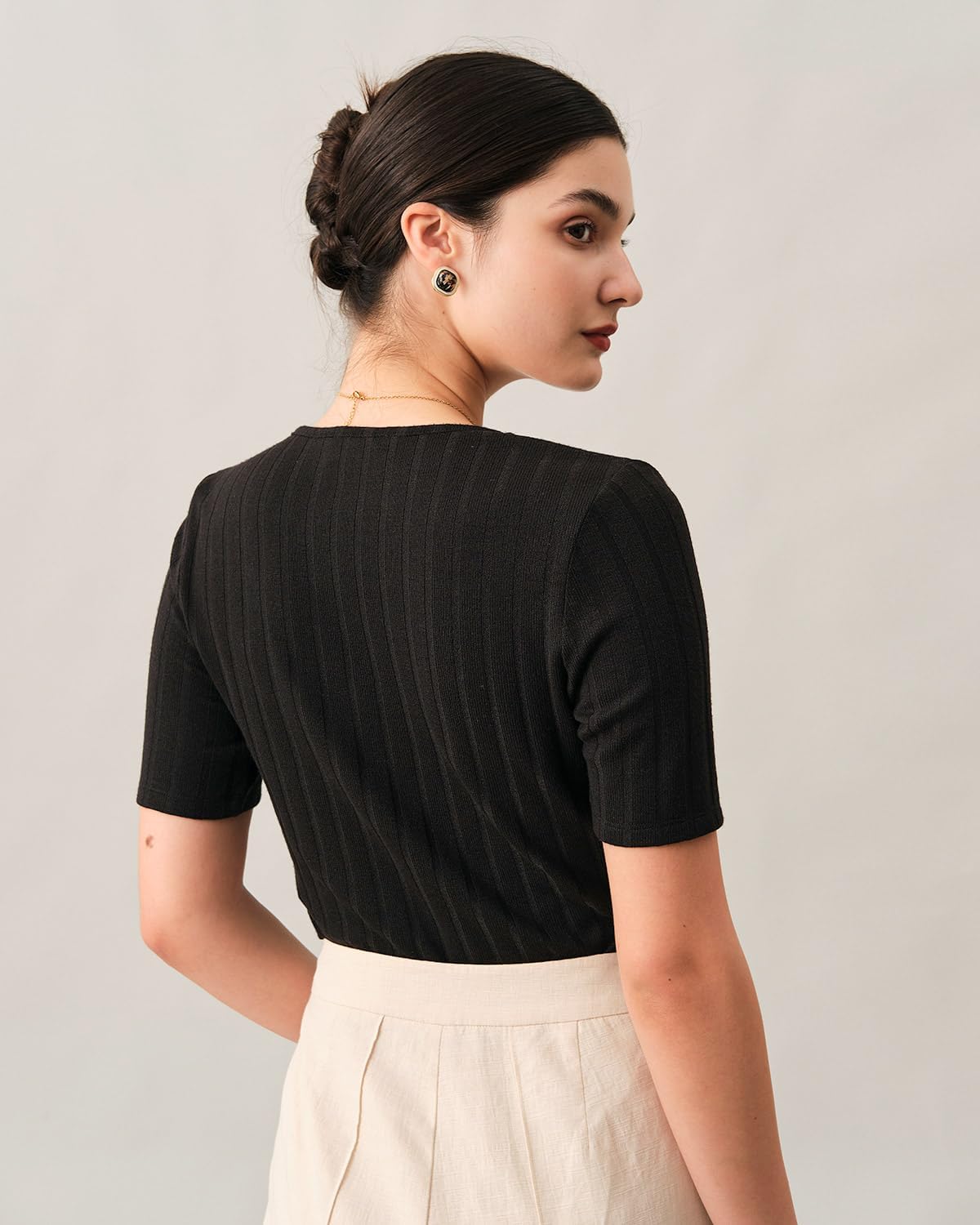 RIHOAS Women's Lace V Neck Shirts Button Fitted Tops Ribbed Lace Trim Tee Down Shirt Short Sleeve Blouses Top Black - Image 3