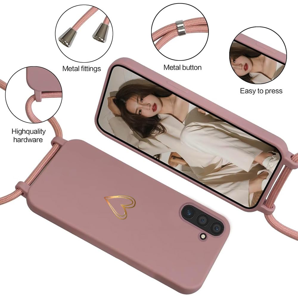 Etui do Samsung Galaxy A55 5G Smycz, MoEvn Sznurowany Pokrowiec Regulowany Miękki TPU Silikonowy Wzór Serca Odporny na zarysowania Odporny na wstrząsy Pokrowiec ochronny do Samsung A55 5G, Różowy