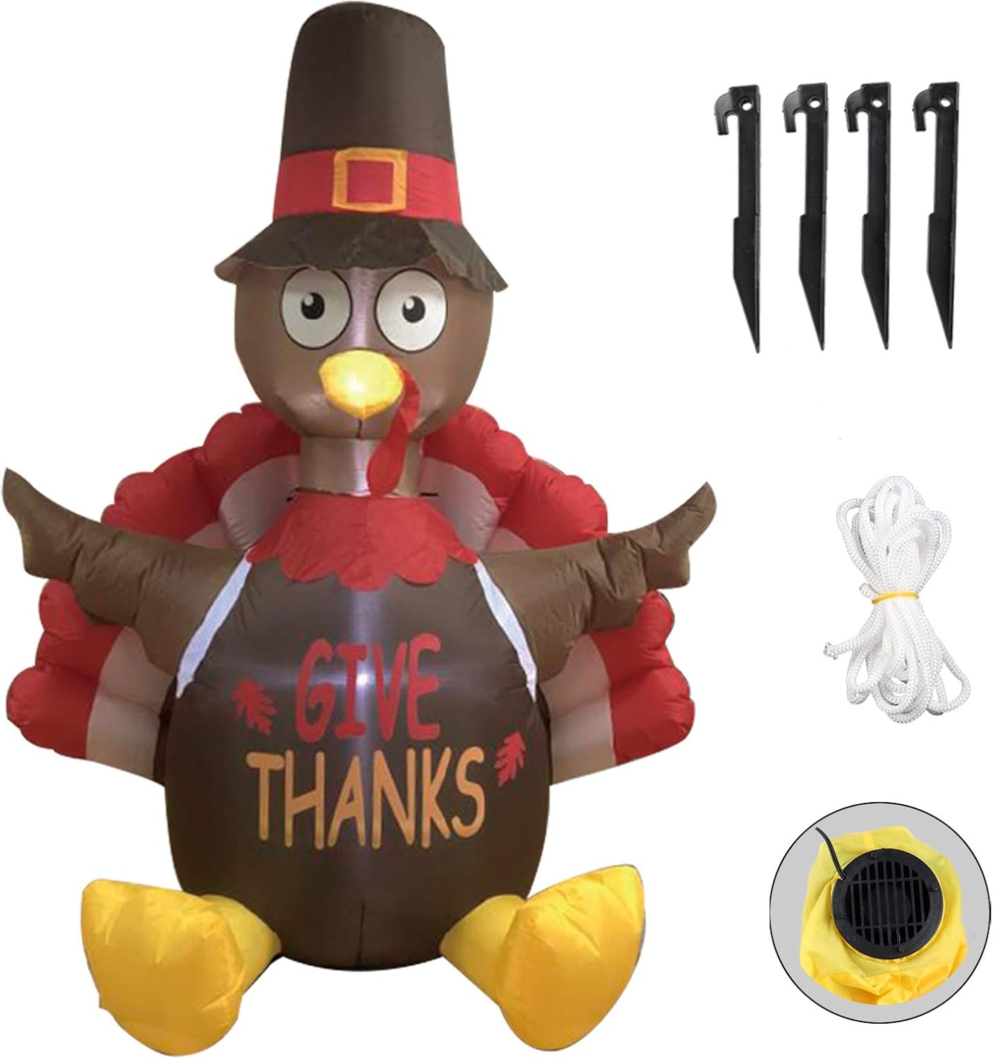MorTime 6 FT Thanksgiving Inflatable Sitting Turkey, Blow up Lighted Turkey Decor with LED Lights for Fall Autumn Yard Party Shopping Mall Harvest Day Thanksgiving Decorations