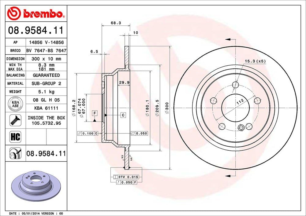 Brembo 08.9584.11 UV Coated solid Rear Brake Rotor MERCEDES-BENZ/MERCEDES-BENZ (BBDC) OE# A0004231012
