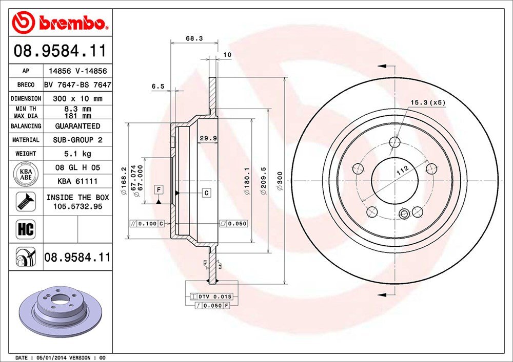 Brembo 08.9584.11 - Disco Freno con Verniciatura UV (Set di 2) - Posteriore