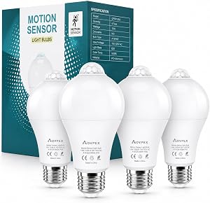 Motion Sensor Light Bulbs, 13W(100W Equivalent), Movement Activated Dusk to Dawn Outdoor Indoor LED Bulb, A19 E26 5000K Cool White Security Bulbs for Porch Garage Basement Hallway Stairs 4 Pack