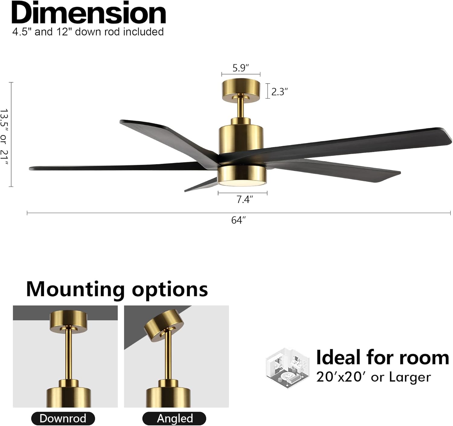 WINGBO 64 Inch DC Ceiling Fan with Lights and Remote Control, 5 Reversible Carved Wood Blades, 6-Speed Noiseless DC Motor, Modern Ceiling Fan in Brass Finish with Balck Blades, ETL Listed