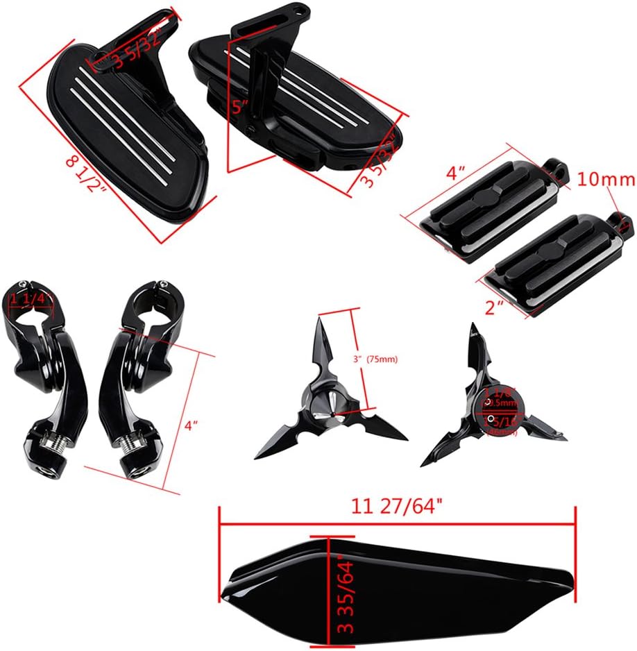 Passenger Rear Floor Boards + 3-Slot Rubber Foot Pegs Short Angle Mount + Front Axle Nut Covers + Glossy Black Mid-Frame Air Deflector Compatible w/ 2009-2016 Harley Touring 1.25" Engine Guard (Black)