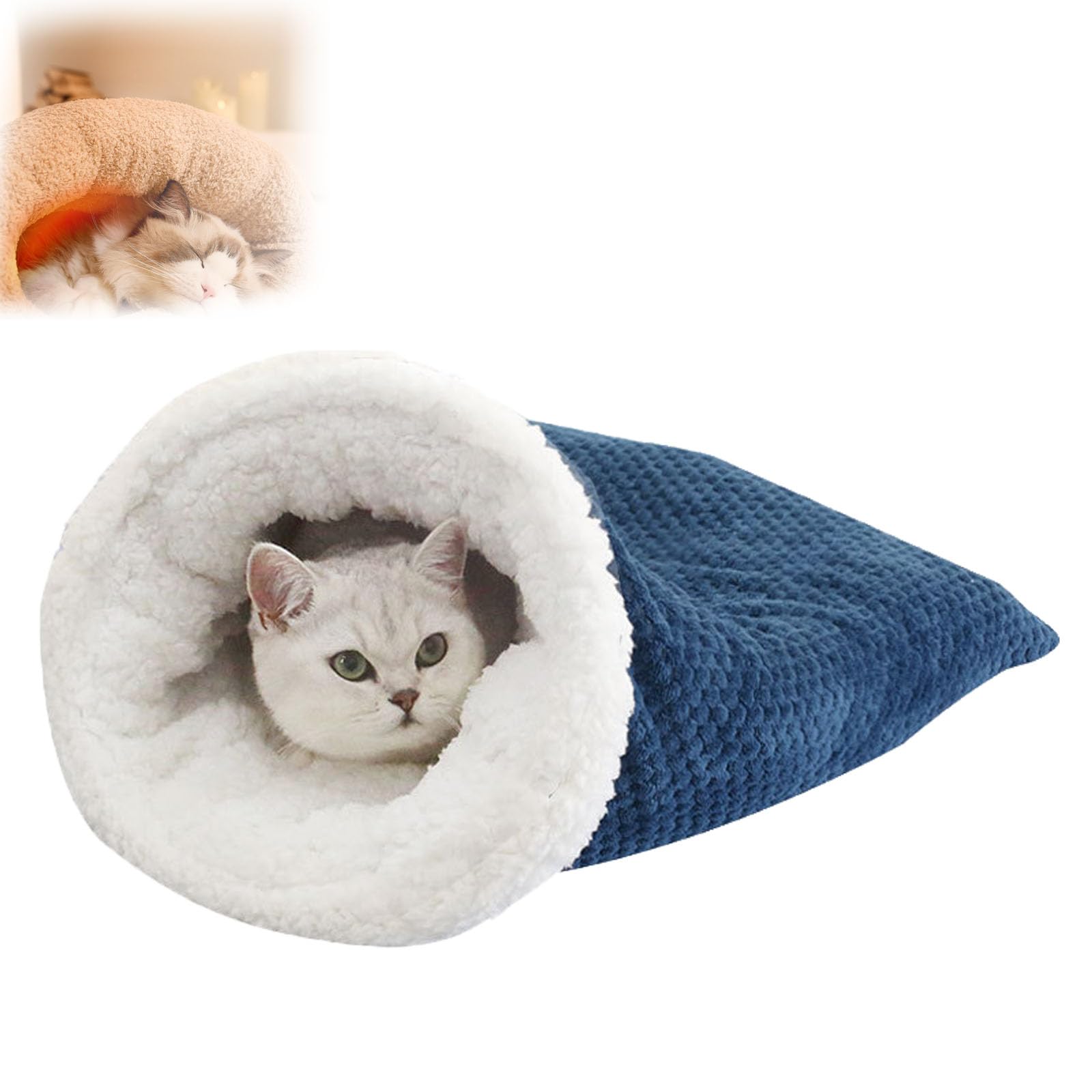 Soft Plush Large Cat Sack for Indoor Cats - Winter Sleeping Bag in Dark Blue