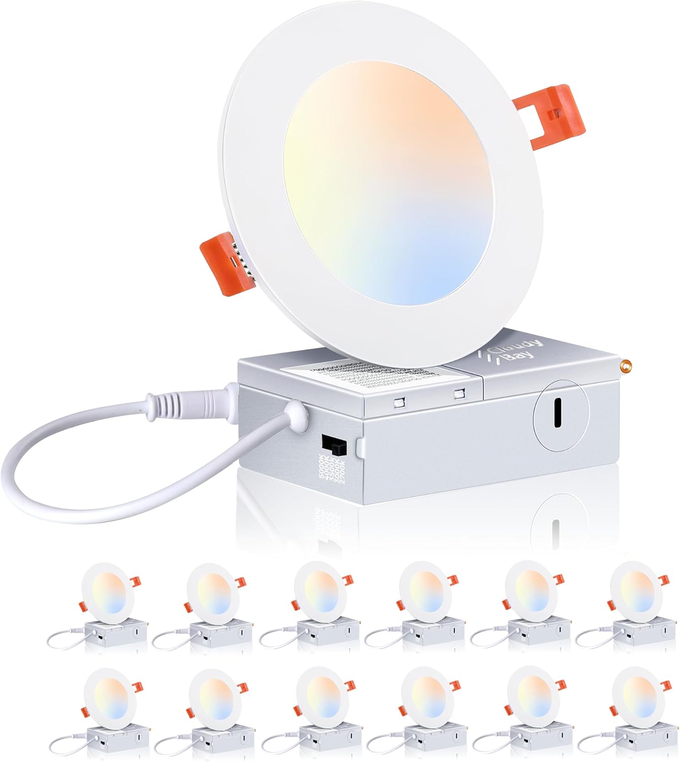 CLOUDY BAY 12 Pack 4 Inch 5CCT Ultra-Thin LED Recessed Ceiling Light with Junction Box,2700K/3000K/3500K/4000K/5000K Selectable,10W Dimmable Canless Wafer Downlight,White, 650LM High Brightness 4 Inch 5CCT | 12 Pack