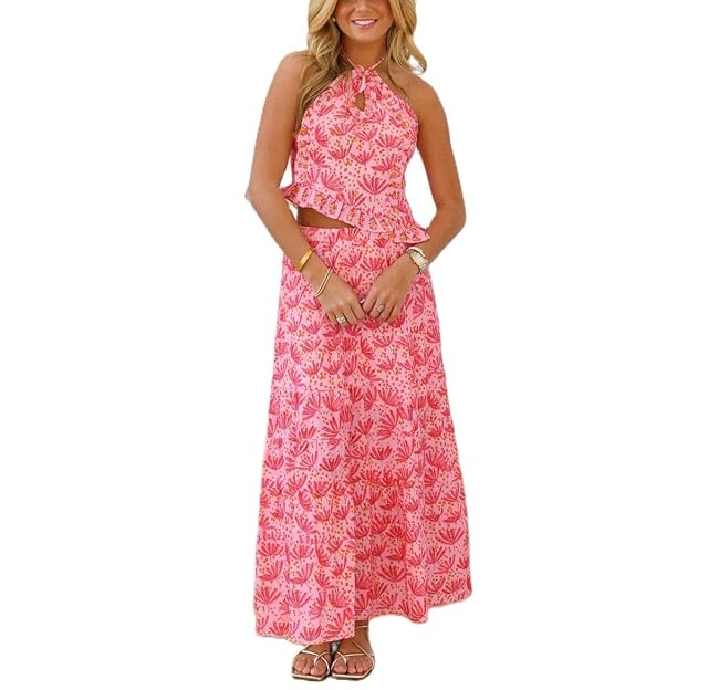 Womens 2 Piece Maxi Skirt Set Y2k Lace Up Halter Neck Tops and Flowy Long Skirt Summer Backless
