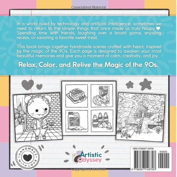 Miniatura 2 de 90s Nostalgia Coloring Book A Unique Handmade Collection of cute chibi animal scenes with retro snacks and toys, created for adults to relax, spark