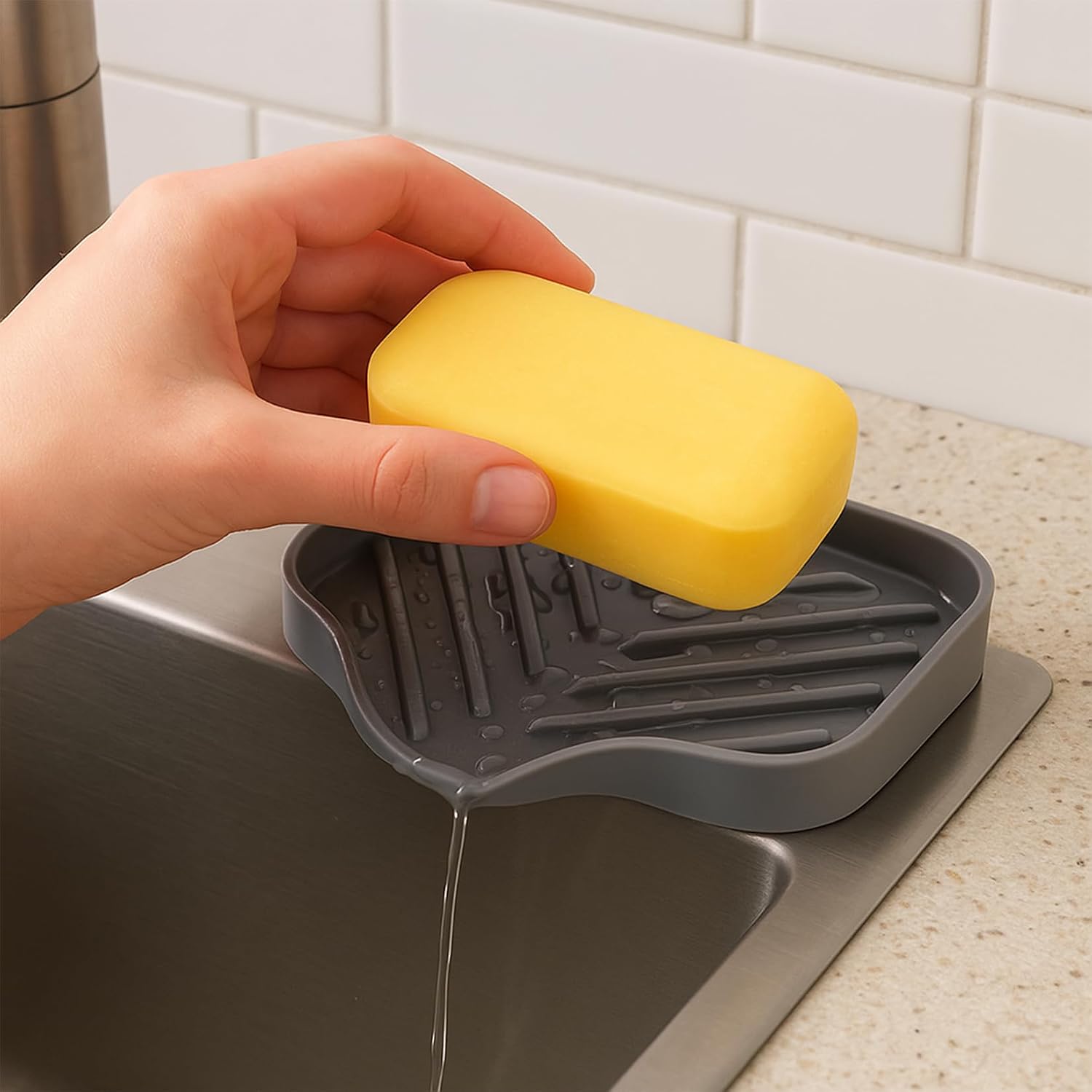 2 Pcs Silicone Soap Dish for Bathroom Sink, Kitchen Sink Dish Soap Tray Holder with Drain Spout, Sponge Holder and Organizer for Dispenser Bottles Shower Room Counter Organizers(Grey)